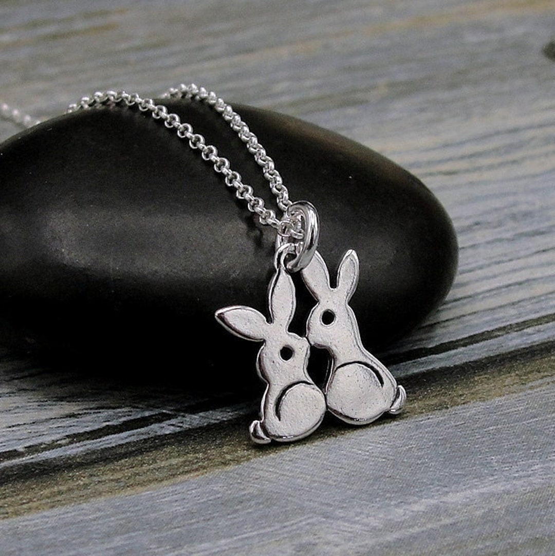 925 Sterling Silver Kissing Bunnies Necklace, Rabbit Charm Necklace ...