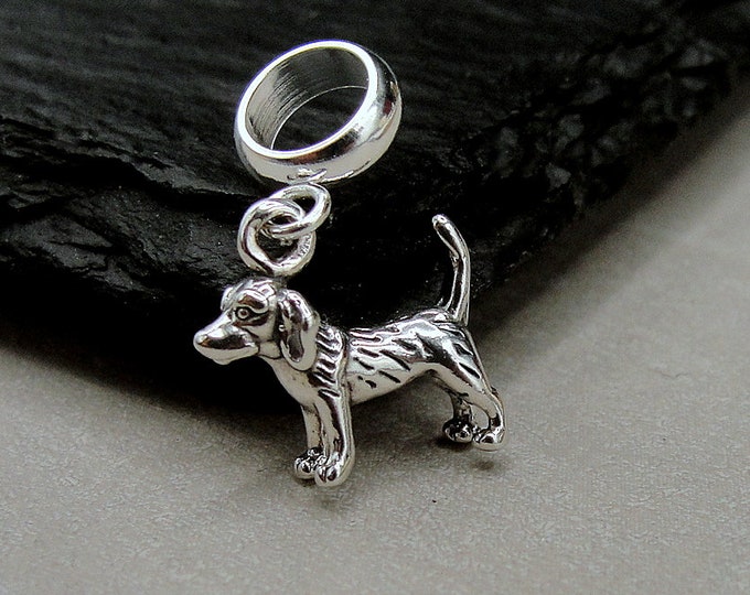925 Sterling Silver Beagle Dangle Bead Charm, Tiny Beagle European Charm, Beagle Dog Charm, Bracelet Charm, Large Hole Bead, Beagle Gift