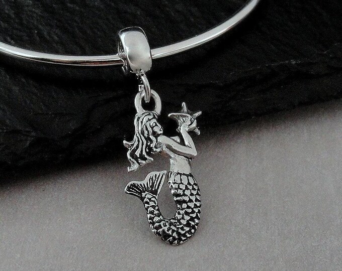 Silver Mermaid European Charm, Mermaid Starfish Dangle Charm, Ocean Char, Beach Charm, Bracelet Charm, Large Hole Bead, Mermaid GIft