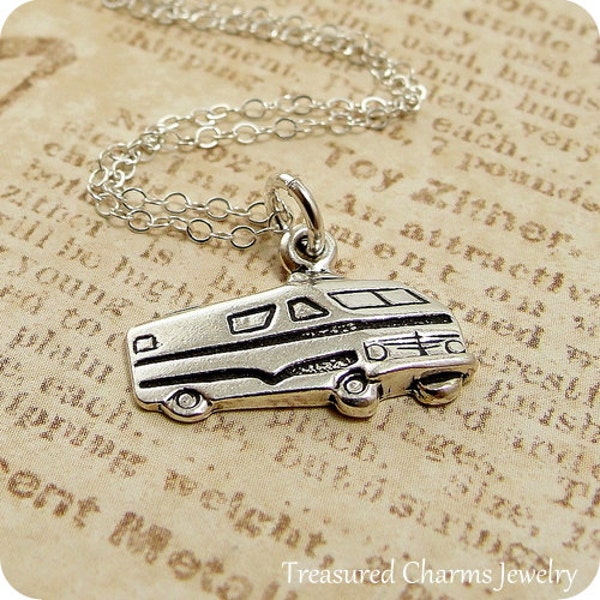 Camper RV Necklace, Sterling Silver Motorhome Charm on a Silver Cable Chain