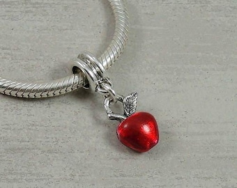 Red Apple European Dangle Bead Charm - Silver and Red Apple Charm for European Bracelet