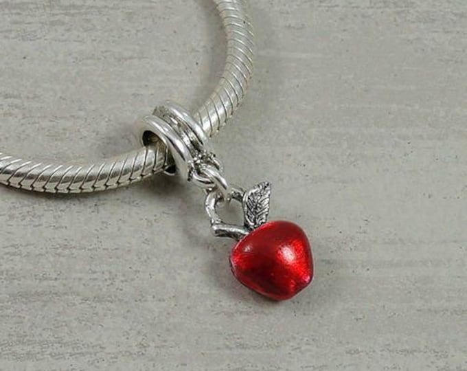 Red Apple European Dangle Bead Charm - Silver and Red Apple Charm for European Bracelet
