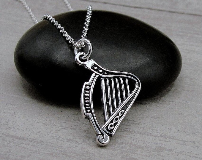 Harp Necklace, 925 Sterling Silver Harp Charm Necklace, Lyre Charm Necklace, Musical Instrument Charm, Harpist Gift, Harp Player Gift
