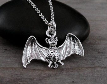 Bat Necklace, 925 Sterling Silver 3D Bat Charm Necklace, Halloween Necklace, Halloween Charm, Spooky Bat Necklace, Halloween Jewelry