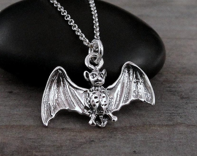 Bat Necklace, 925 Sterling Silver 3D Bat Charm Necklace, Halloween Necklace, Halloween Charm, Spooky Bat Necklace, Halloween Jewelry