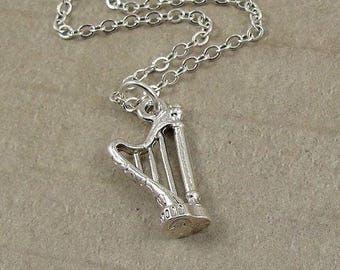 Harp Necklace, Silver Musical Harp Charm on a Silver Cable Chain