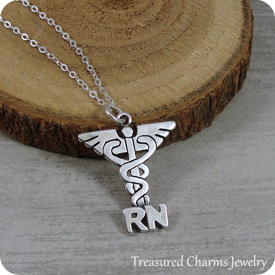 Sterling Silver Caduceus RN Charm Registered Nurse CZ Pendant Necklace 