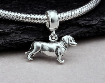 Dachshund European Charm, Sterling Silver 3D Dachshund Dangle Charm, Dachshund Pendant with Bail, Snake Bracelet Charm, Large Hole Bead