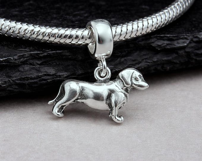 Dachshund European Charm, Sterling Silver 3D Dachshund Dangle Charm, Dachshund Pendant with Bail, Snake Bracelet Charm, Large Hole Bead