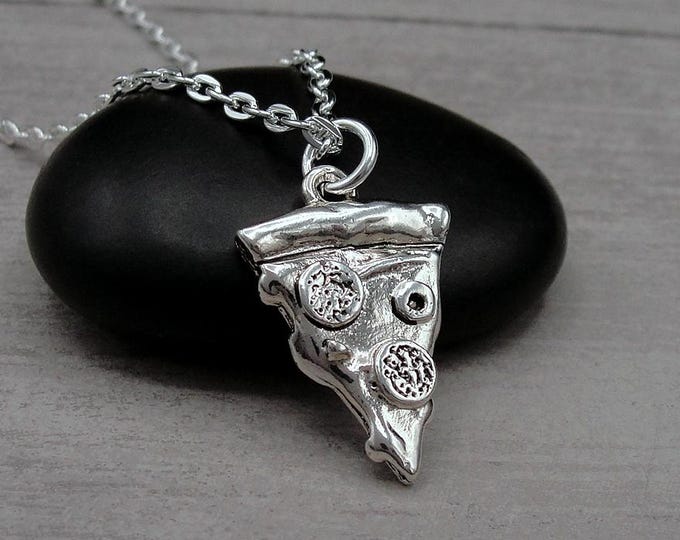 Pizza Necklace, Silver Pepperoni Pizza Charm on a Silver Cable Chain