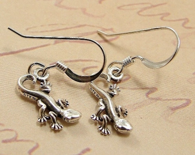 Tiny Gecko Lizard Earrings, Sterling Silver