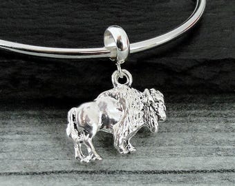 Buffalo European Charm, Silver Buffalo Dangle Charm, American Bison Charm with Bail, Buffalo Charm, Snake Bracelet Charm, Large Hole Bead