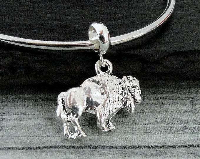 Buffalo European Charm, Silver Buffalo Dangle Charm, American Bison Charm with Bail, Buffalo Charm, Snake Bracelet Charm, Large Hole Bead