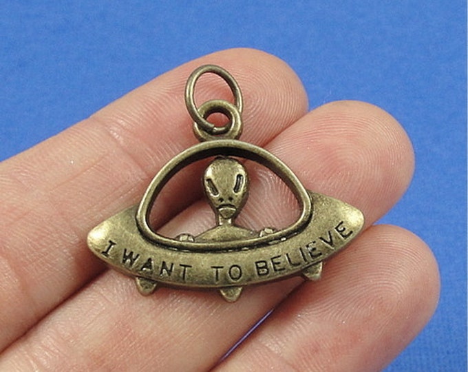 Spaceship with Alien Charm - Antique Bronze Flying Saucer UFO Charm for Necklace or Bracelet