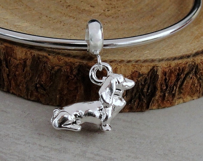 Dachshund European Charm, Silver Dachshund Dangle Charm, Dachshund Charm with Bail, Wiener Dog Charm, Snake Bracelet Charm, Large Hole Bead