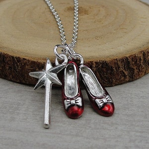 Ruby Slippers and Magic Wand Necklace, Silver Red Slippers Necklace, Ruby Slippers Charm, Magic Wand Charm, Red Shoes Charm Necklace