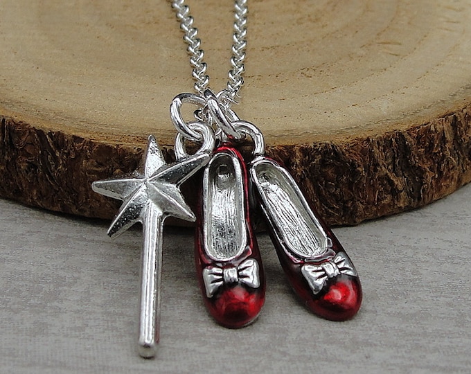 Ruby Slippers and Magic Wand Necklace, Silver Red Slippers Necklace, Ruby Slippers Charm, Magic Wand Charm, Red Shoes Charm Necklace