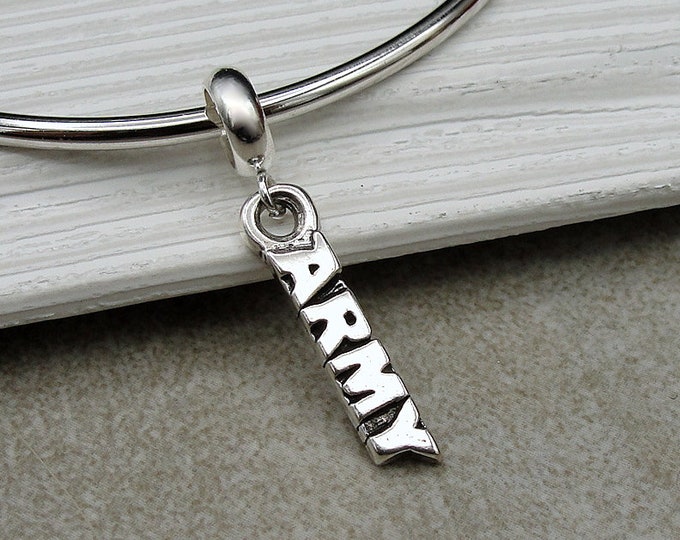 Army European Charm, Sterling Silver Army Dangle Charm, Army Charm, Military Charm, Snake Bracelet Charm, Large Hole Bead, Army Gift
