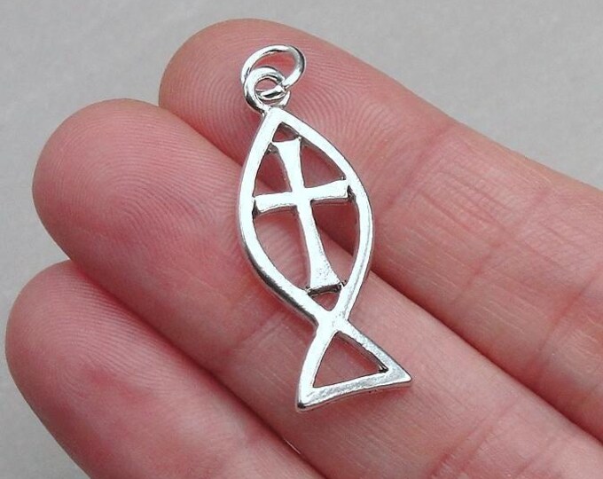Christian Fish Charm, Silver Jesus Fish with Cross Charm, Fish Cross Charm, Christian Fish Symbol Charm, Religious Charm, Fish Cross Pendant