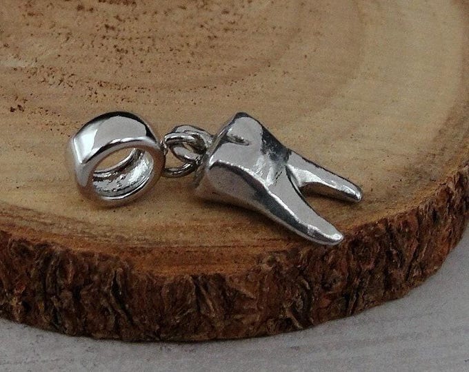 3D Tooth European Charm, Silver Tooth Dangle Charm, Dentist Charm with Bail, Snake Bracelet Charm, Large Hole Bead, Dentist Gift Jewelry