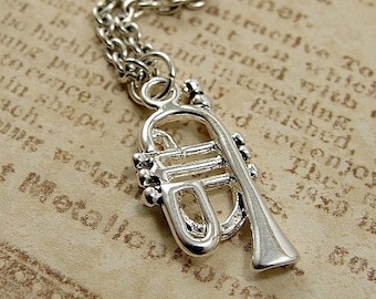 Trumpet Necklace, Silver Plated Trumpet Charm on a Silver Cable Chain
