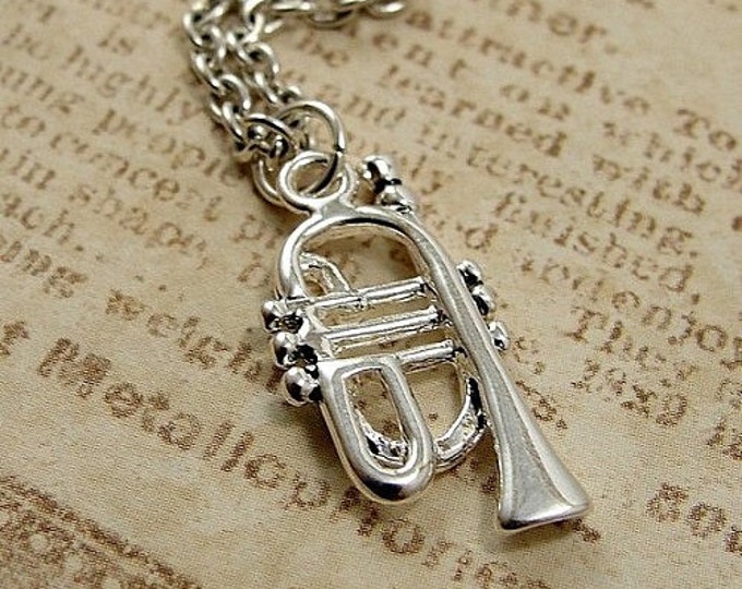 Trumpet Necklace, Silver Plated Trumpet Charm on a Silver Cable Chain
