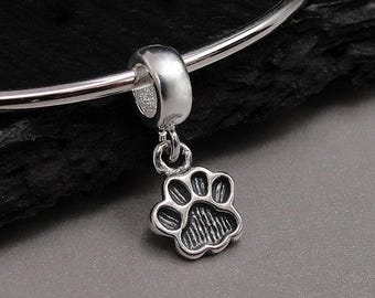 Paw Print European Charm, Sterling Silver Paw Print Dangle Charm, Cat Paw Charm with Bail, Dog Paw Charm, Cat Lover Gift, Large Hole Bead