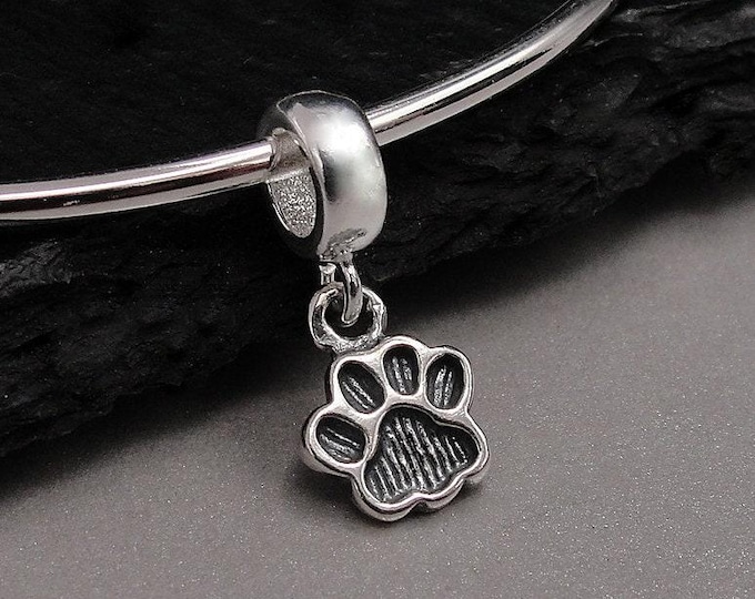 Paw Print European Charm, Sterling Silver Paw Print Dangle Charm, Cat Paw Charm with Bail, Dog Paw Charm, Cat Lover Gift, Large Hole Bead