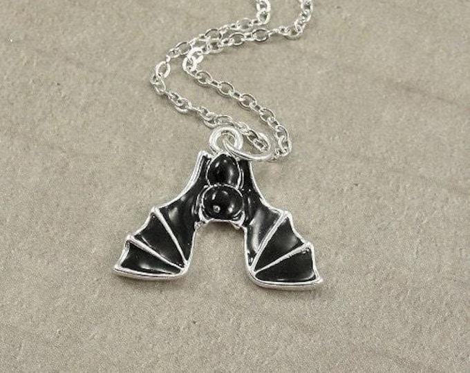 Hanging Bat Necklace, Silver Plated Hanging Bat Charm on a Silver Cable Chain