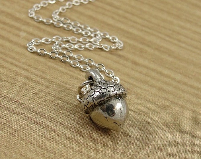 Acorn Necklace, Silver Plated Acorn Charm on a Silver Cable Chain