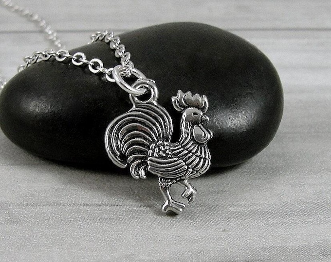 Rooster Necklace, Silver Plated Rooster Charm Necklace, Hen Necklace, Hen Charm, Farm Animal Charm, Rooster Gift, Rooster Jewelry