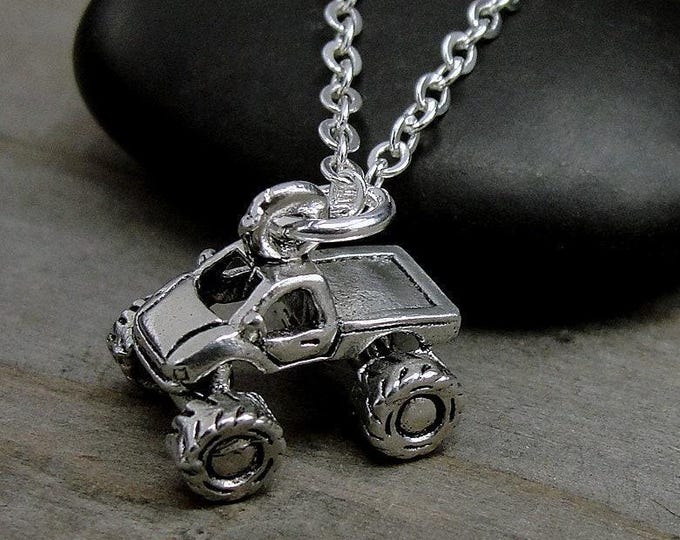 Monster Truck Necklace, Silver Monster Truck Charm, Monster Truck Pendant, Race Truck Necklace, Race Truck Charm, Monster Truck Gift Jewelry