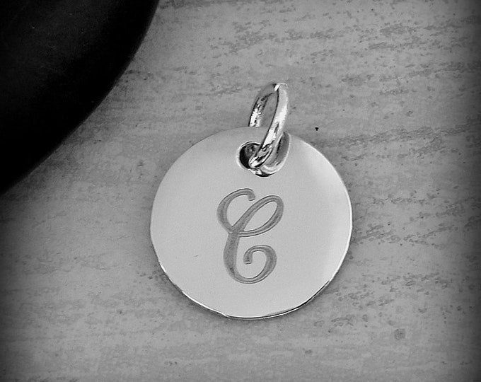 Stainless Steel Letter C Charm, Silver Engraved Letter C Round Disc Initial Charm, Cursive C Charm, Engraved Alphabet Script Font Pendant