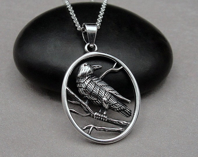 Raven Necklace, 925 Sterling Silver Raven Charm Necklace, Crow Necklace, Crow Charm Necklace, Black Bird Charm, Raven Crow Gift