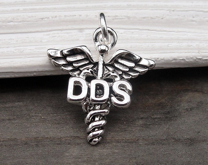 Silver DDS Caduceus Charm, Dentist Charm, Dental Symbol Charm, Dentist Gift, DDS Gift, Dentist Necklace Charm, Denist Jewelry