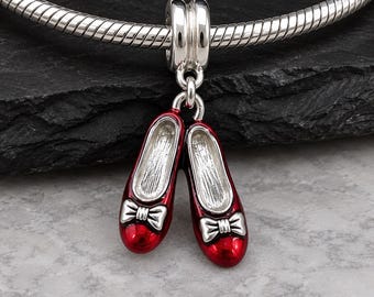 Ruby Slippers European Charm, Silver and Red Ruby Slippers Dangle Charm, Red Shoes Charm with Bail, Ballerina Shoes Charm, Large Hole Bead