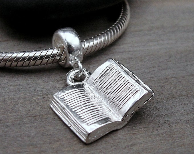 Open Book European Charm, Silver 3D Book Charm, Book Charm with Bail, Author Charm, Writer Charm, School Charm, Book Lover Gift