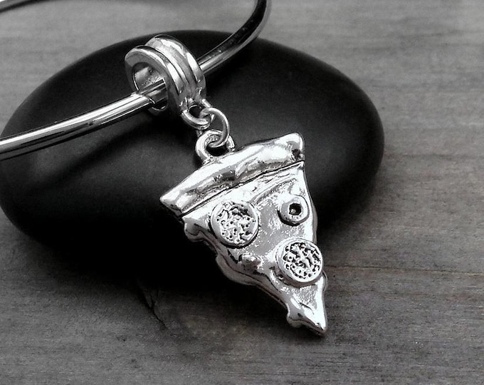 Pizza European Charm, Silver Slice of Pizza Dangle Charm, Pepperoni Pizza Charm with Bail, Pizza Dangle Charm, Pizza Large Hole Bead