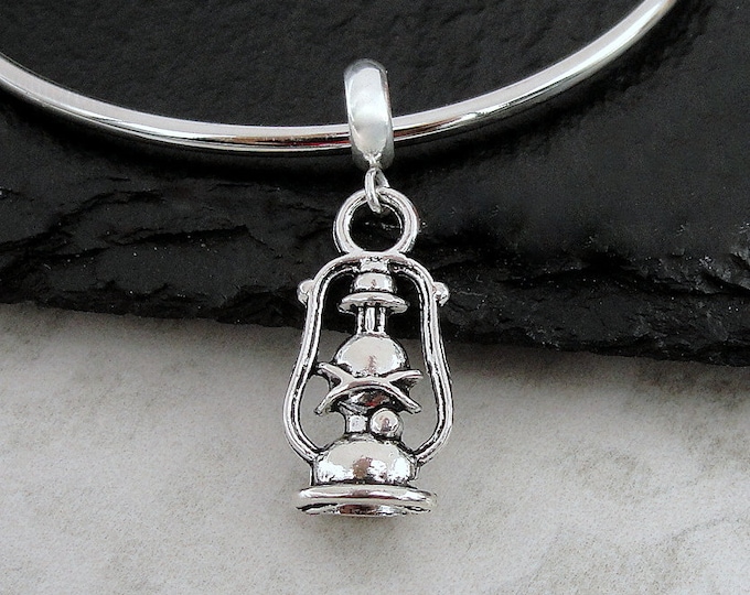 Oil Lantern European Charm, Silver Hurricane Lantern Dangle Charm, Oil Lamp Charm with Bail, Snake Bracelet Charm, Large Hole Bead