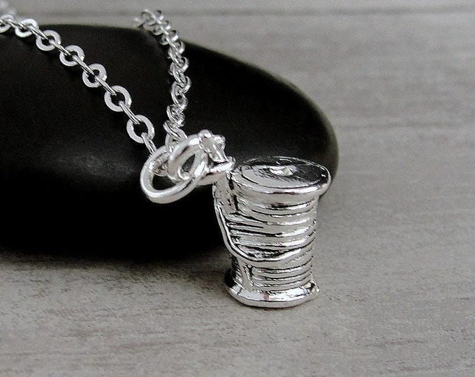 Sewing Necklace, Silver Plated Spool of Thread Charm Necklace, Spool of Thread Charm, Sewing Charm, Sewing Gift, Sewing Jewelry