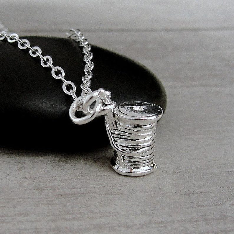 Sewing Necklace, Silver Plated Spool of Thread Charm Necklace, Spool of Thread Charm, Sewing Charm, Sewing Gift, Sewing Jewelry image 1