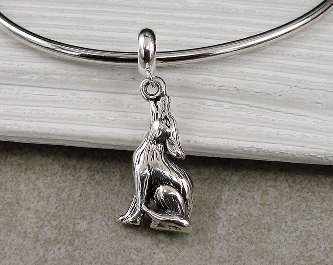 Coyote European Charm, 925 Sterling Silver Wolf Dangle Charm, 3D Howling Coyote Charm, 3D Howling Wolf Charm, Coyote Gift, Wolf Gift Jewelry