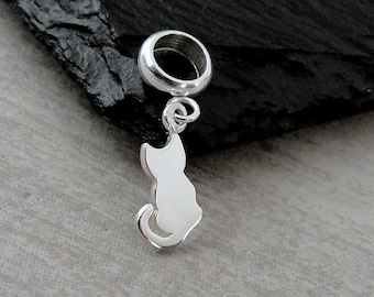 Tiny Cat European Charm, Silver Kitty Cat Dangle Charm, Cat Silhouette Charm with Bail, Cat Lover Charm, Large Hole Bead, Cat Jewelry