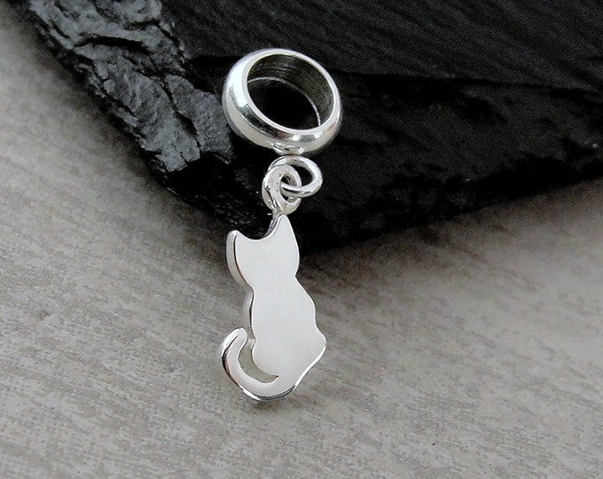 Tiny Cat European Charm, Silver Kitty Cat Dangle Charm, Cat Silhouette Charm with Bail, Cat Lover Charm, Large Hole Bead, Cat Jewelry