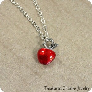 Tiny Red Apple Necklace, Silver Plated Red Apple Charm on a Silver Cable Chain image 2