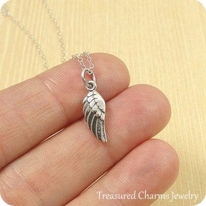 Tiny Textured Angel Wing Charm Necklace In Sterling Silver - Hypoallergenic Gift - View #2