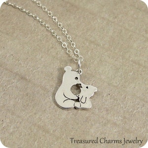 Kissing Bears Necklace, Sterling Silver Mama and Baby Bear Charm on a Silver Cable Chain