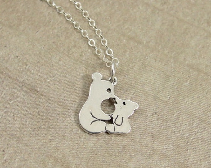 Kissing Bears Necklace, Sterling Silver Mama and Baby Bear Charm on a Silver Cable Chain