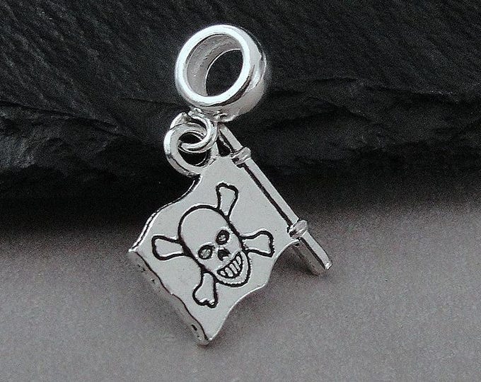Jolly Roger European Charm, Silver Pirate Flag Dangle Charm, Pirate Charm with Bail, Skull and Bones Charm, Jolly Roger Large Hole Bead