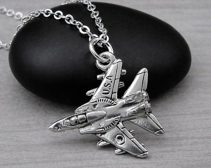 USA Fighter Jet Necklace, Silver Plated Fighter Jet Charm Necklace, Military Aircraft Charm, Airforce Fighter Plane Charm Necklace
